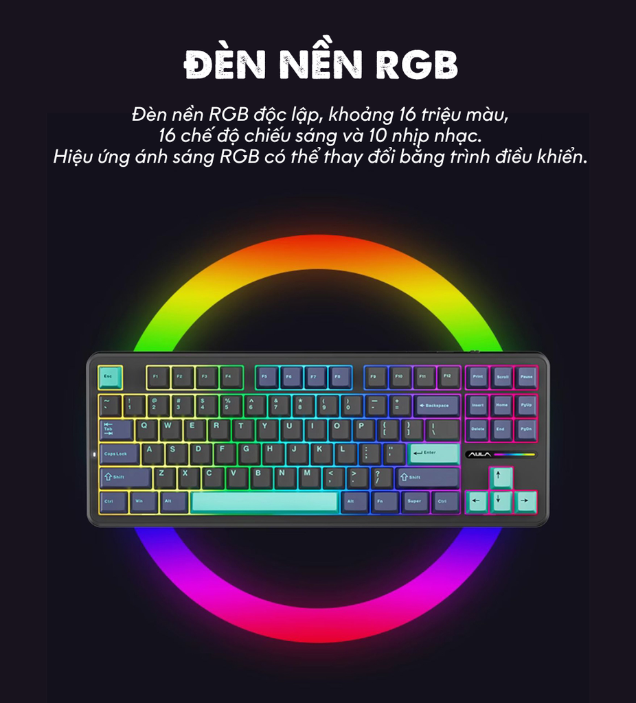 BÀN PHÍM CƠ GAMING AULA F87 3 MODE / Phiên bản Đen+Xanh đậm+Cam/ Greywood V3 Switch