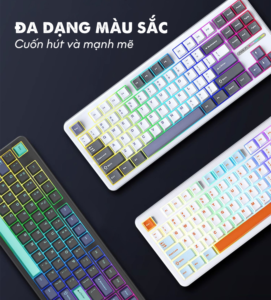 BÀN PHÍM CƠ GAMING AULA F87 3 MODE / Phiên bản Đen+Xanh đậm+Cam/ Greywood V3 Switch