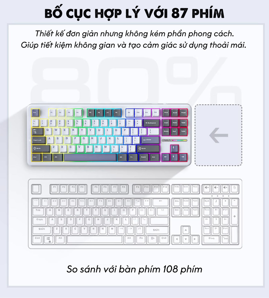 BÀN PHÍM CƠ GAMING AULA F87 3 MODE / Phiên bản Đen+Xanh đậm+Cam/ Greywood V3 Switch