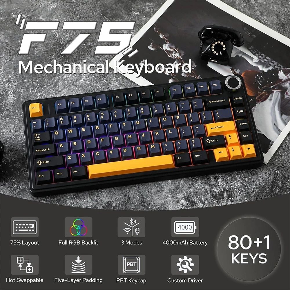 Bàn phím cơ gaming 3 mode AULA F75  (đen xanh đậm cam, Reaper switch)