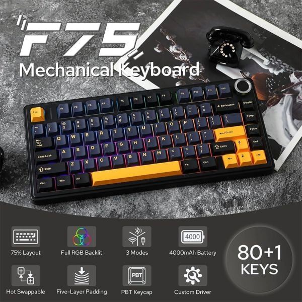 Bàn phím cơ gaming 3 mode AULA F75  (đen xanh đậm cam, Reaper switch)