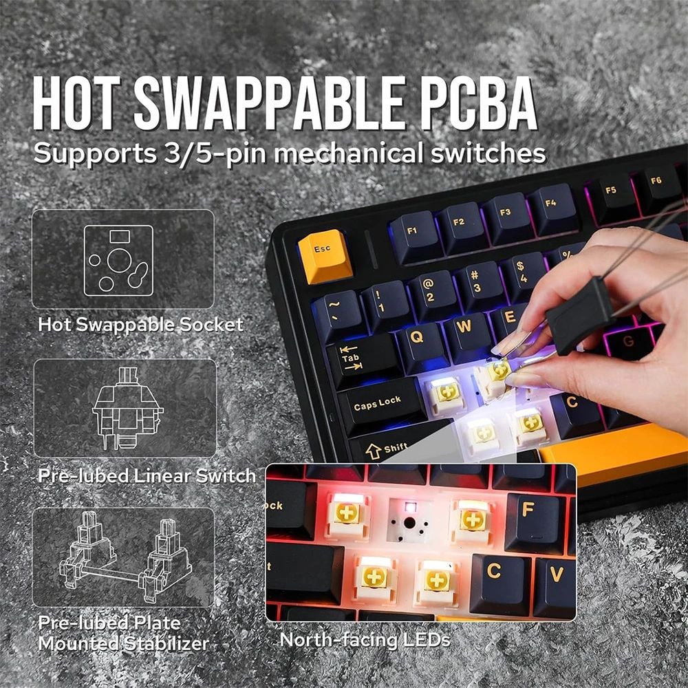 Bàn phím cơ gaming 3 mode AULA F75  (đen xanh đậm cam, Reaper switch)