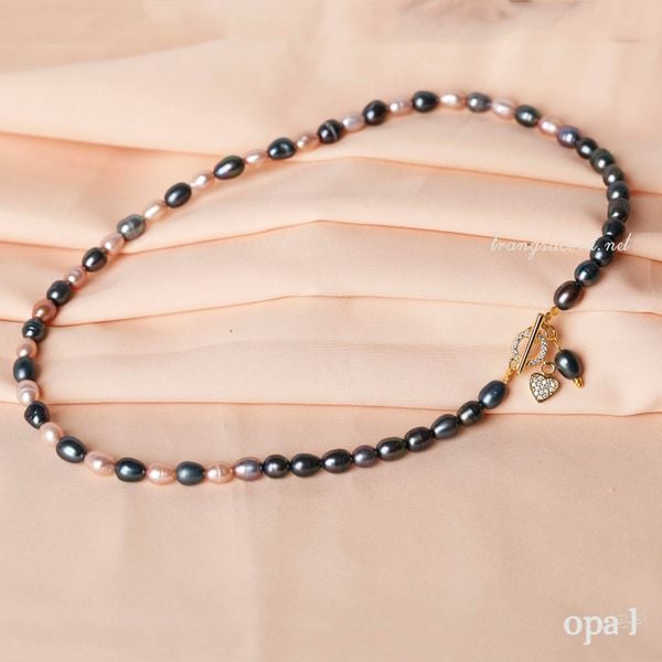  Choker ngọc trai oval mix màu xanh đen và hồng 