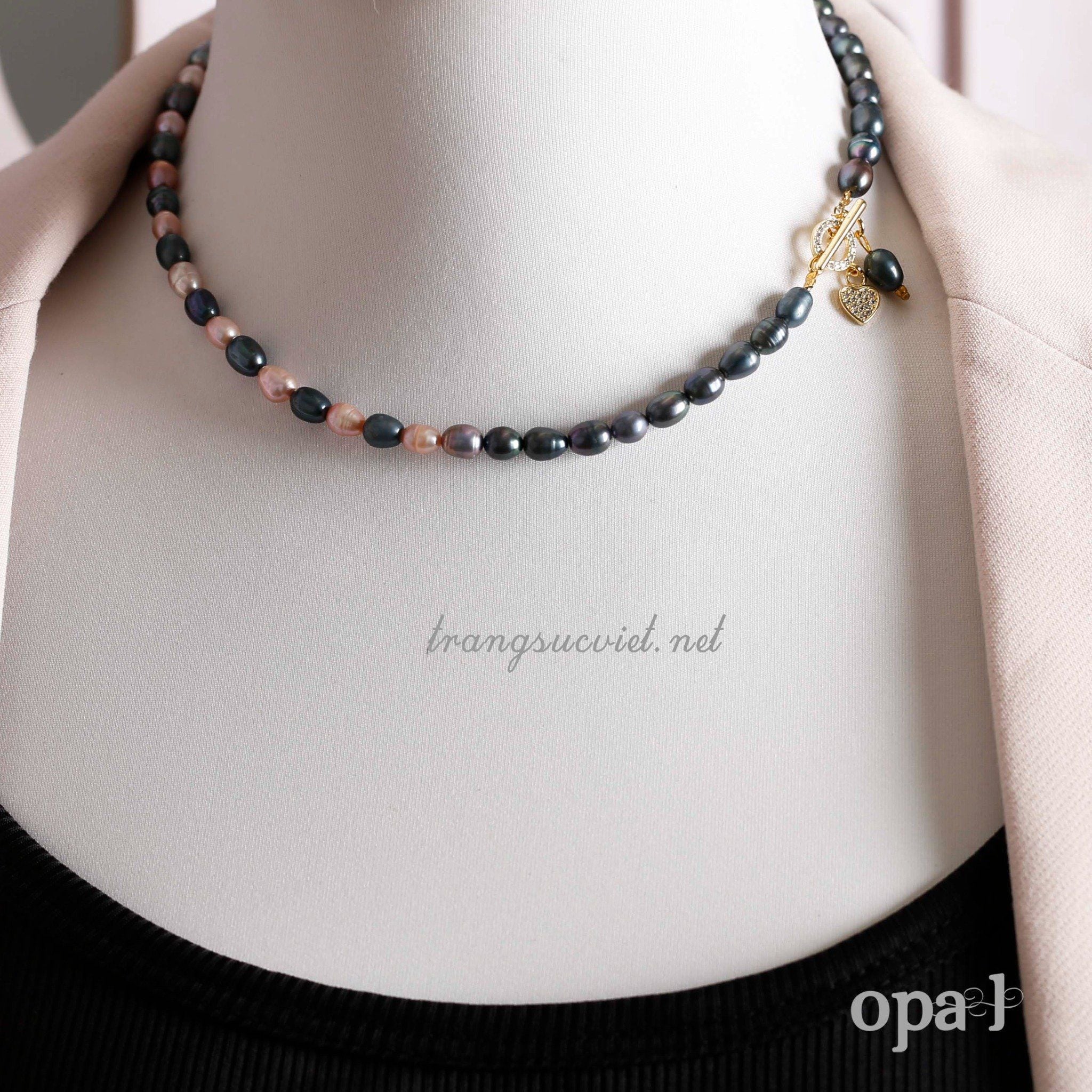  Choker ngọc trai oval mix màu xanh đen và hồng 