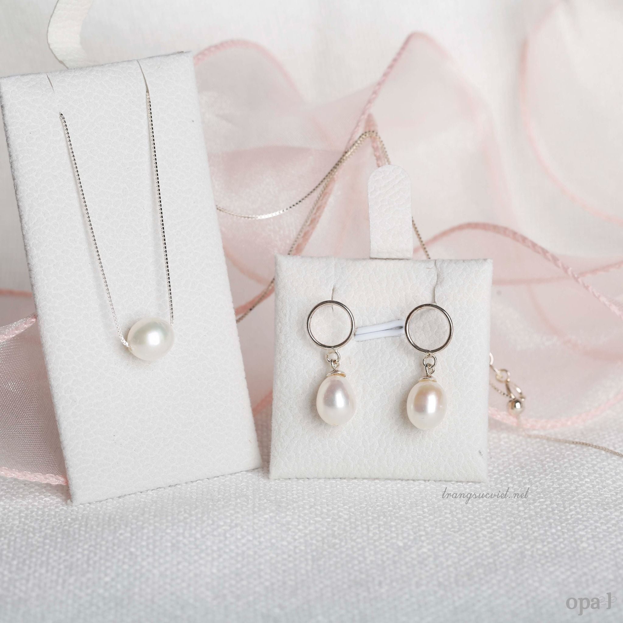  Set Dây chuyền +hoa tai bạc mặt ngọc trai oval xuyên tâm 