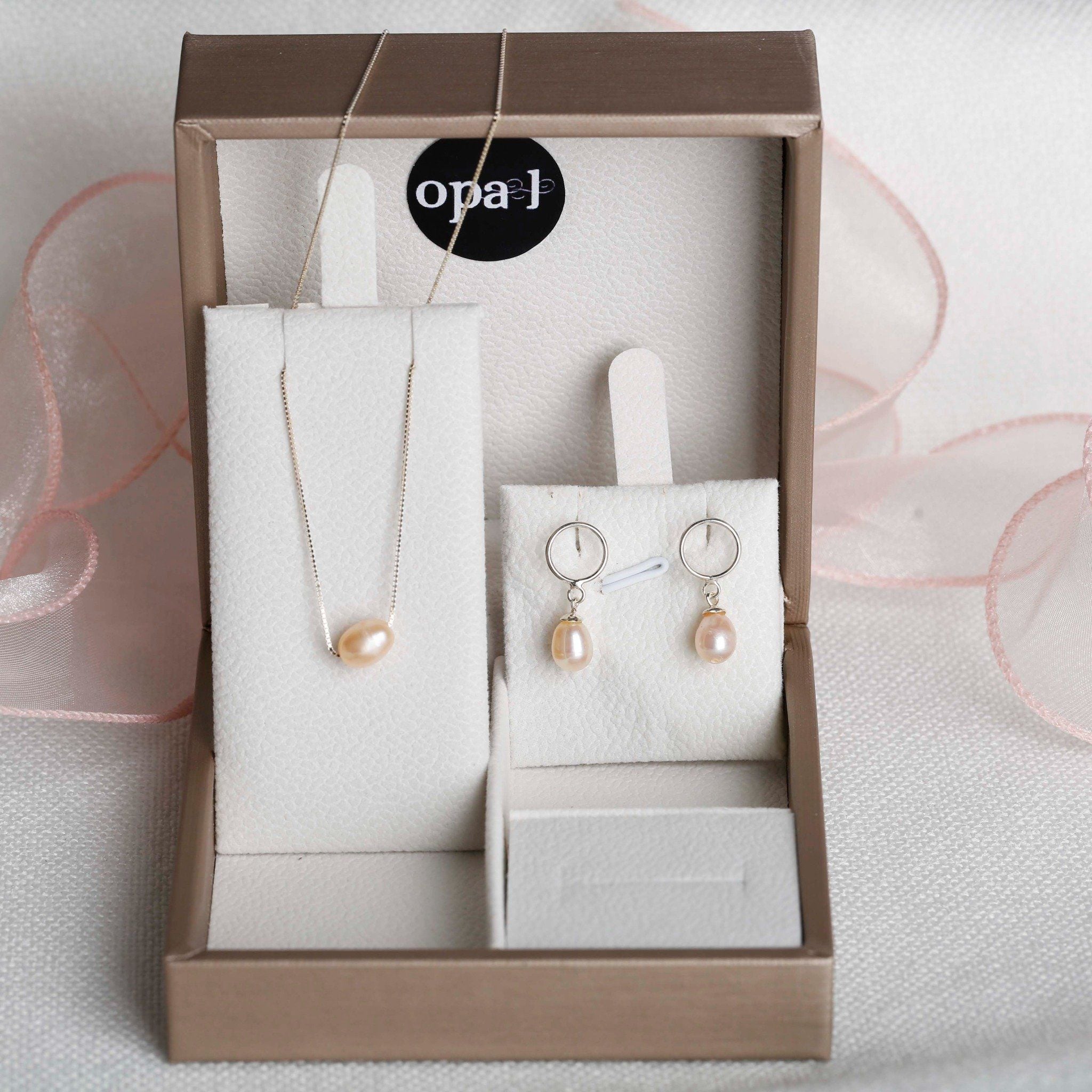  Set Dây chuyền +hoa tai bạc mặt ngọc trai oval xuyên tâm 