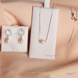  Set Dây chuyền +hoa tai bạc mặt ngọc trai oval xuyên tâm 