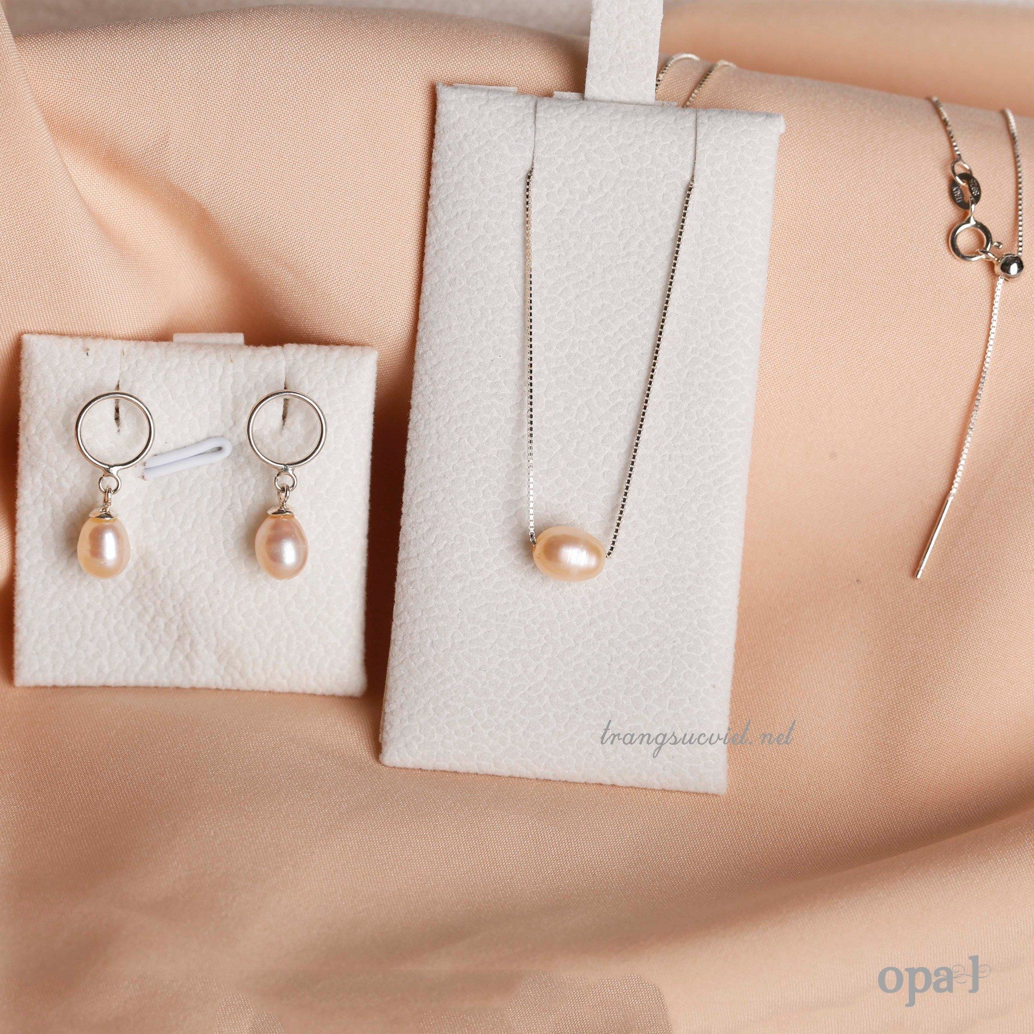  Set Dây chuyền +hoa tai bạc mặt ngọc trai oval xuyên tâm 