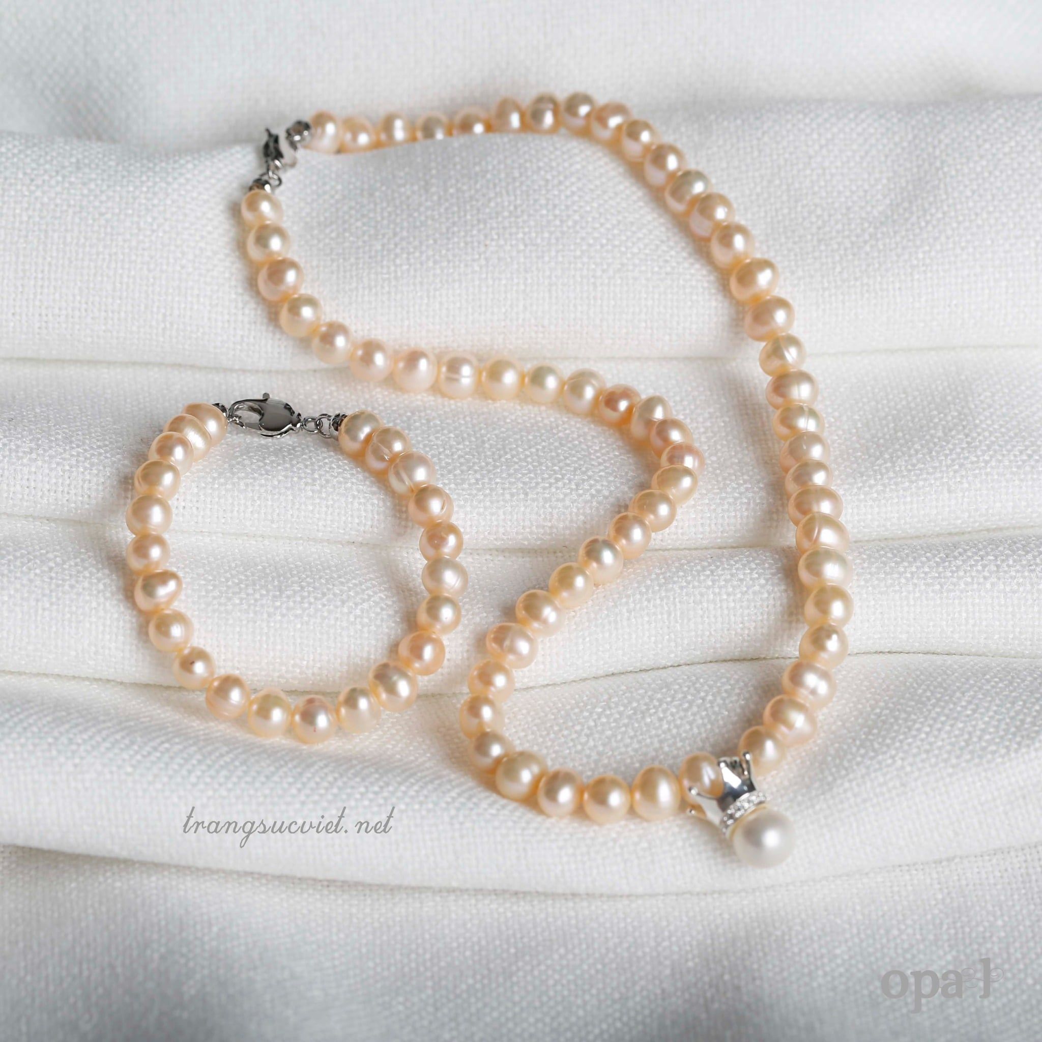  Bộ ngọc trai trắng, hồng, phối mặt dây ngọc trai 