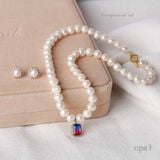  Vòng cổ ngọc trai trắng 8,9ly+ hoa tai đá đính ngọc 