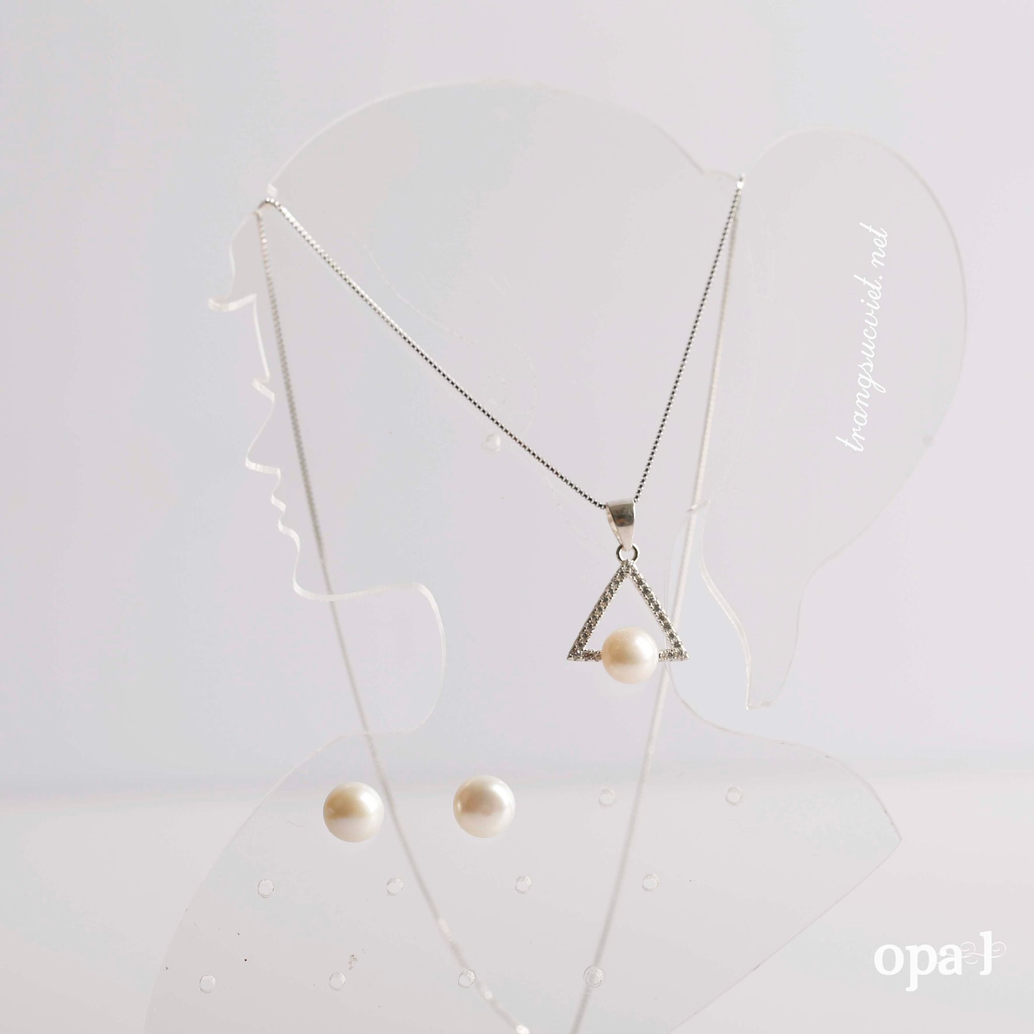  Set  dây  chuyền bạc, mặt ngọc trai và hoa tai ngọc trai đính đá 