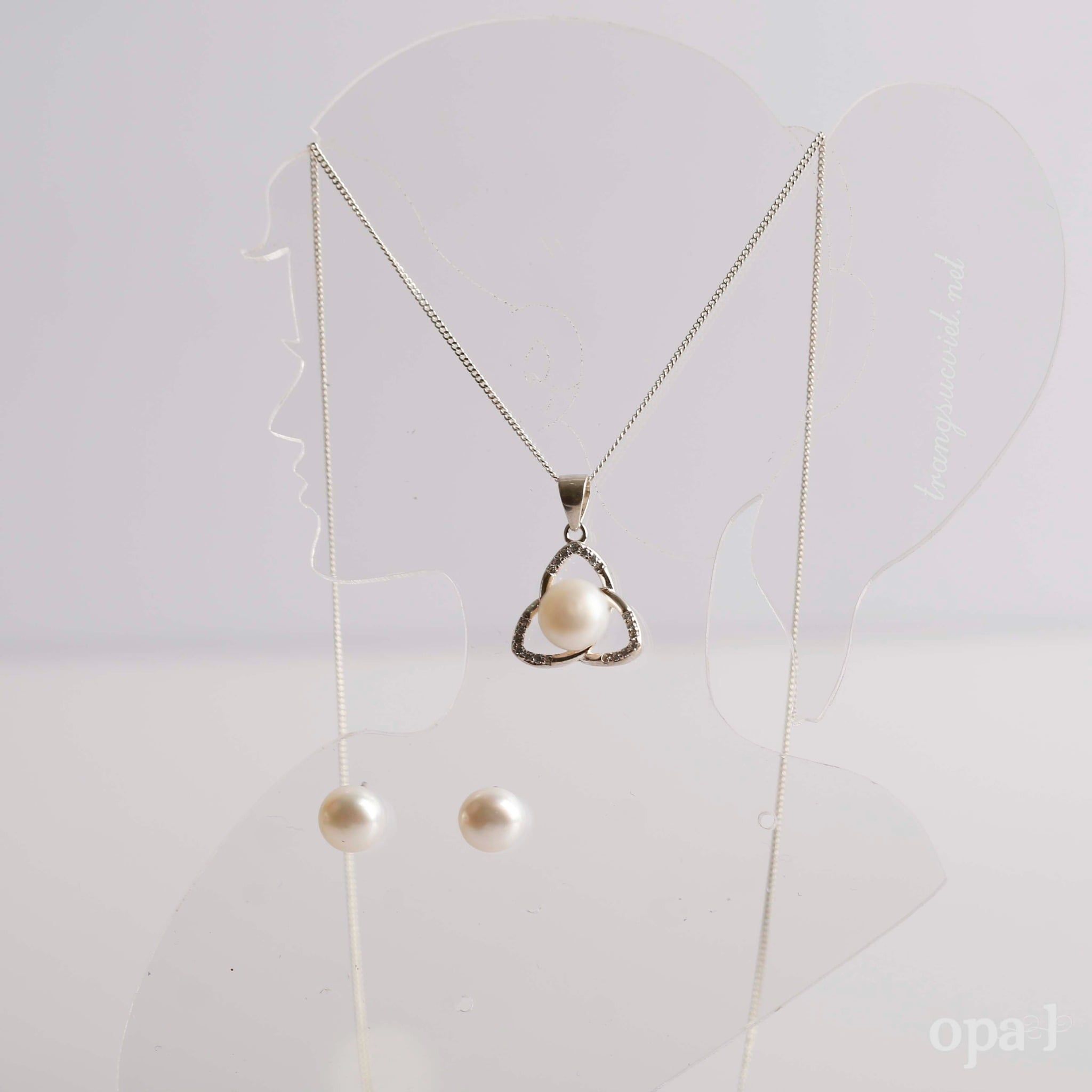  Set  dây  chuyền bạc, mặt ngọc trai và hoa tai ngọc trai đính đá 