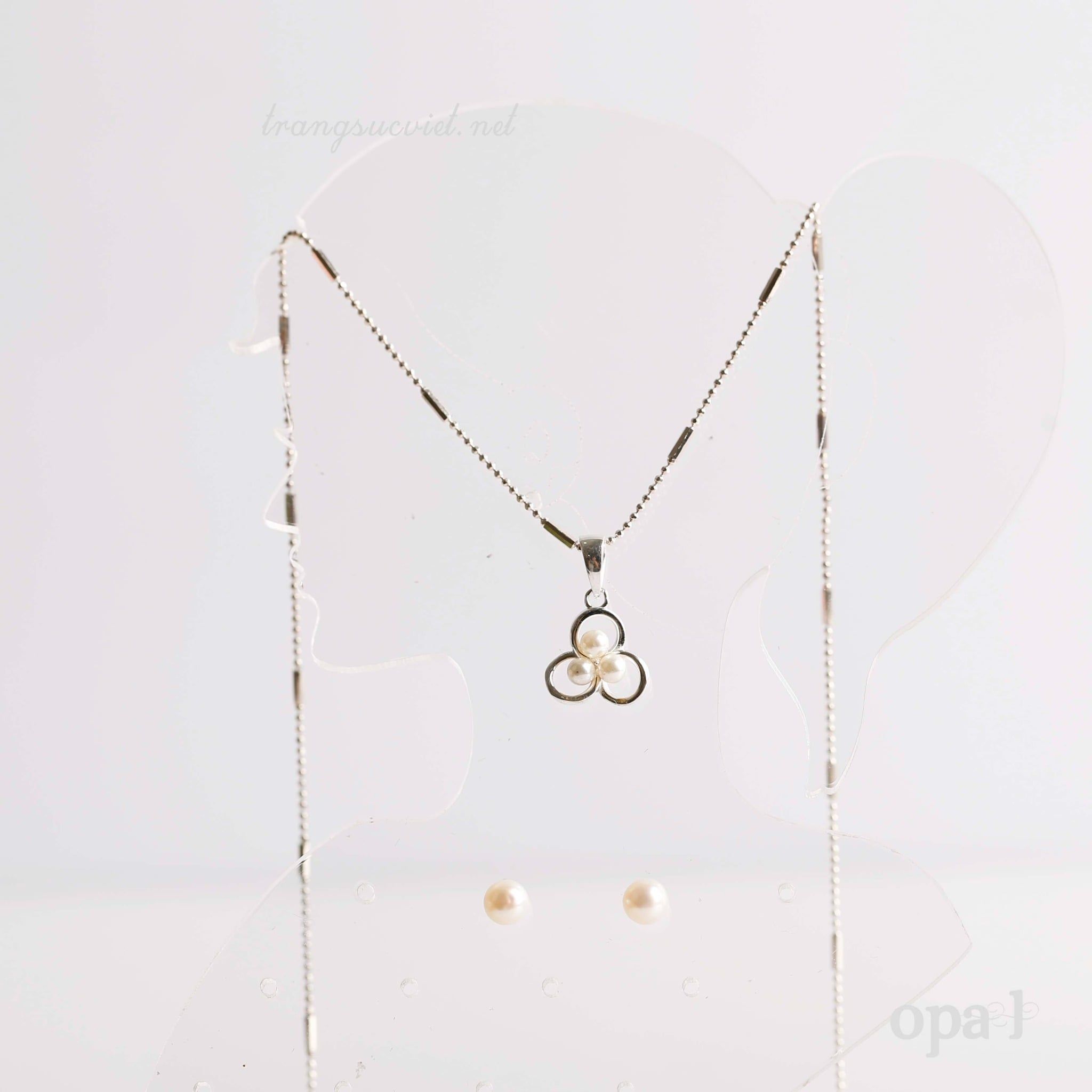  Set  dây  chuyền bạc, mặt ngọc trai và hoa tai ngọc trai đính đá 