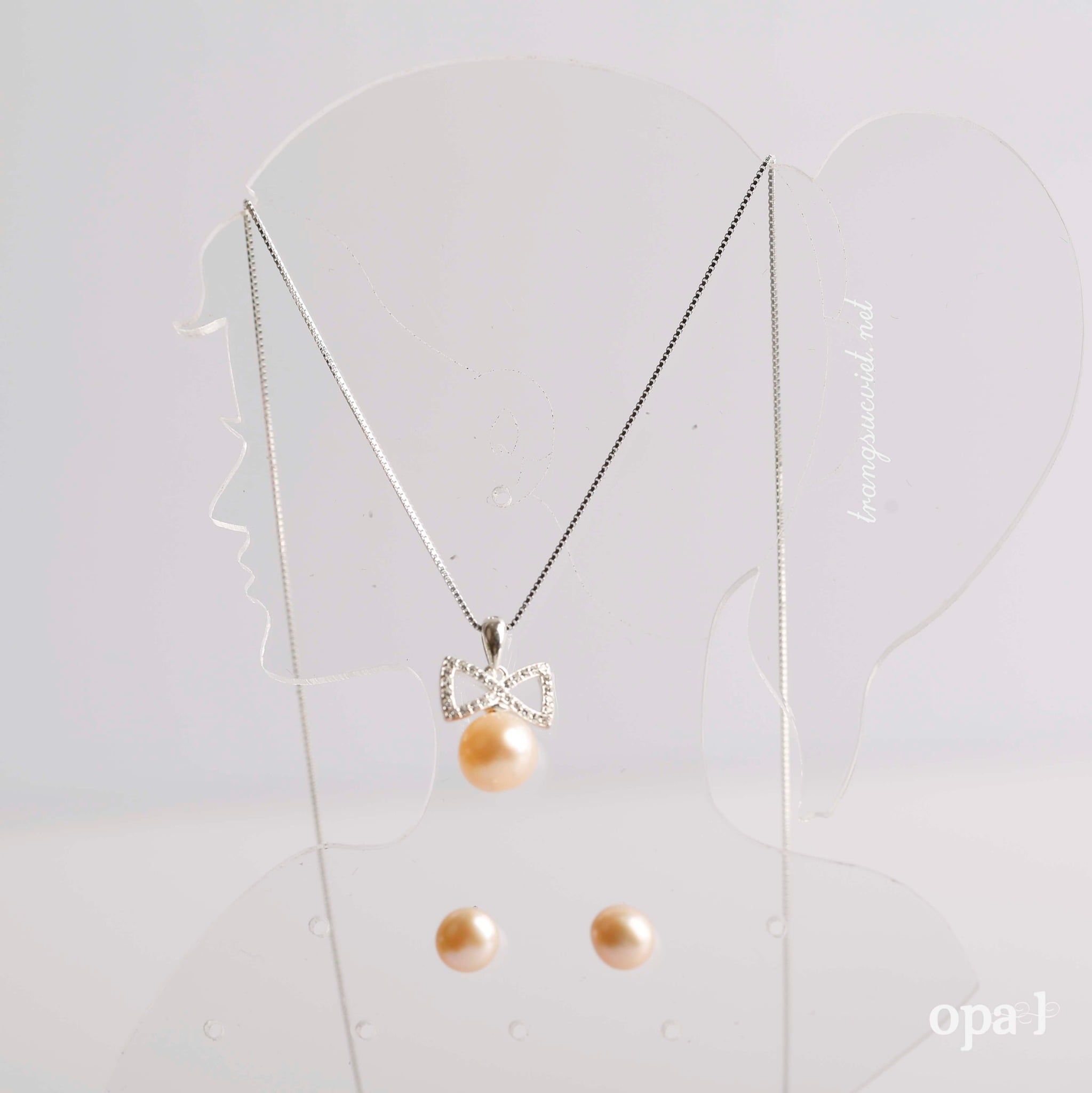  Set  dây  chuyền bạc, mặt ngọc trai và hoa tai ngọc trai đính đá 