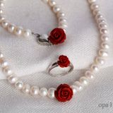  Bộ ngọc trai trắng charm hoa hồng đỏ sang trọng 