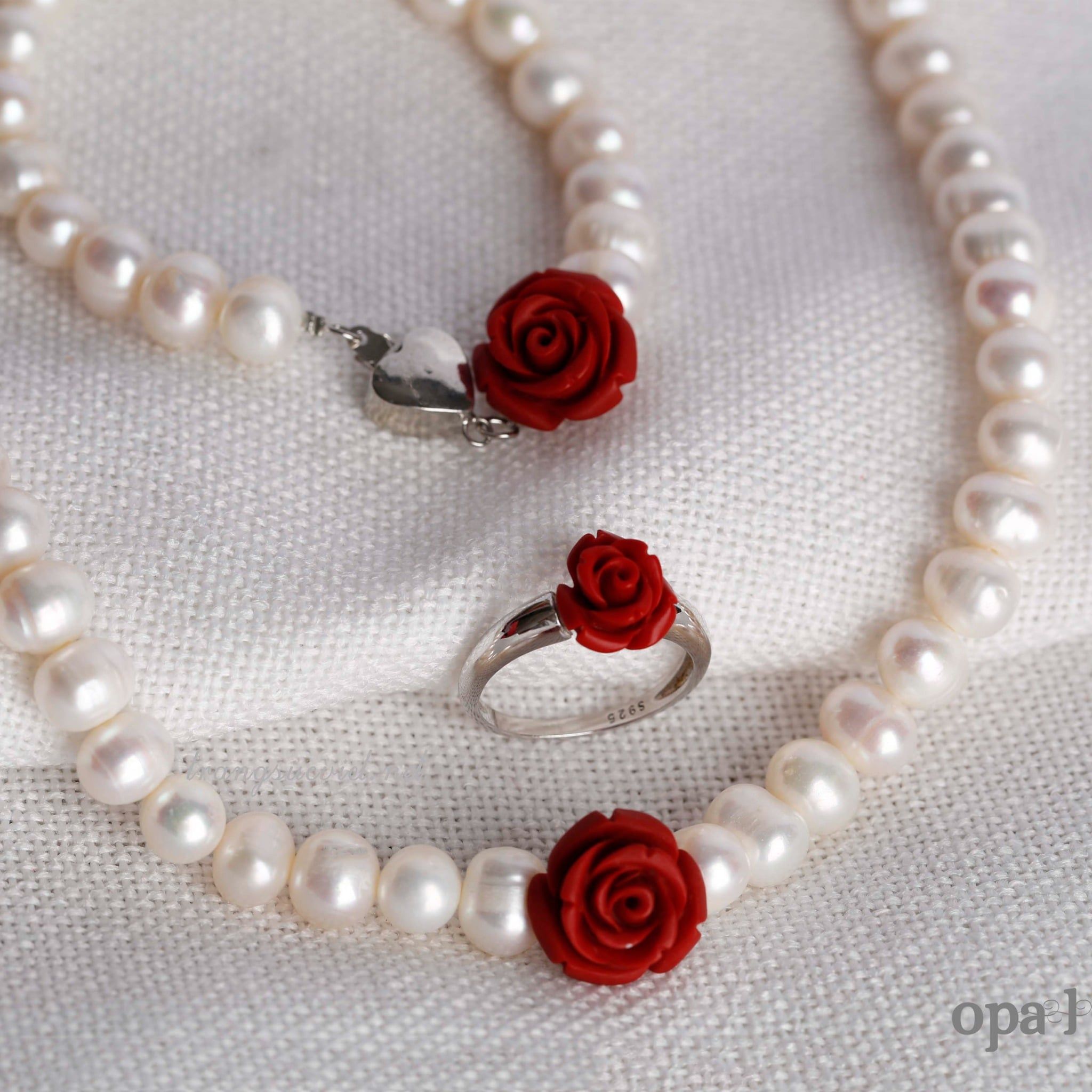  Bộ ngọc trai trắng charm hoa hồng đỏ sang trọng 