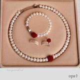  Bộ ngọc trai trắng charm hoa hồng đỏ sang trọng 