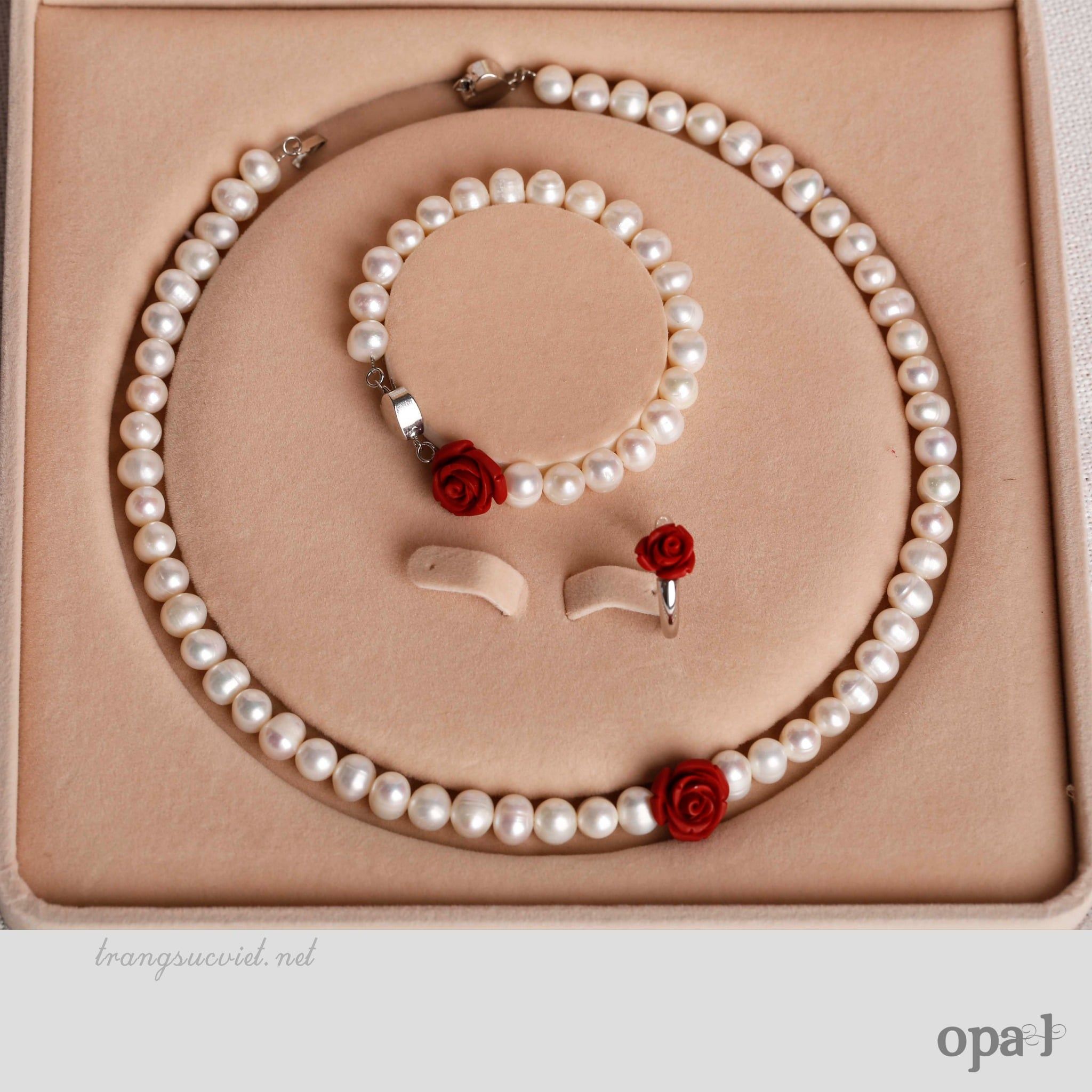  Bộ ngọc trai trắng charm hoa hồng đỏ sang trọng 