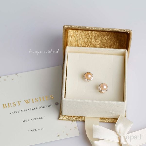  Hoa tai chuôi bạc vặn viền đá đính ngọc 