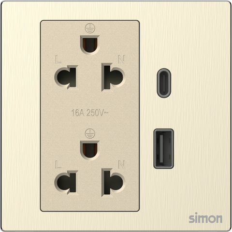Module Ổ cắm đôi 3 chấu chuẩn Âu Mỹ 16A kèm sạc USB và type C màu vàng