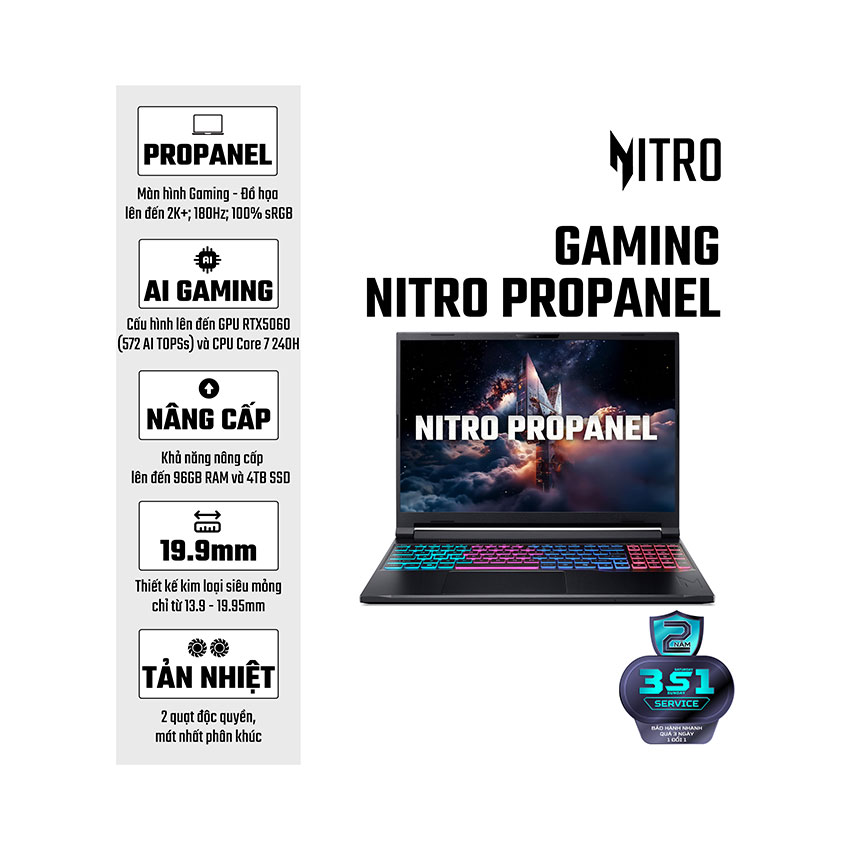 Laptop Acer Nitro V 16S AI ANV16S-71-75LR (NH.QXCSV.002) (Core 7 240H/32GB RAM DDR5/512GB SSD/RTX 5060 8GB/16 inch 2K 180Hz/Win 11/Đen)