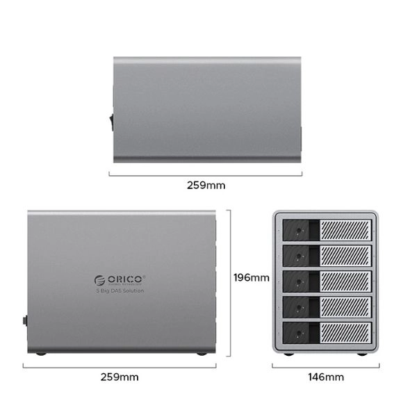 Ảnh minh họa Hộp Đựng Ổ Cứng 3.5 inch 5 Khe Cắm SATA 3 USB-C Thunderbolt 3 ORICO 9858T3-EU-GY-BP 1