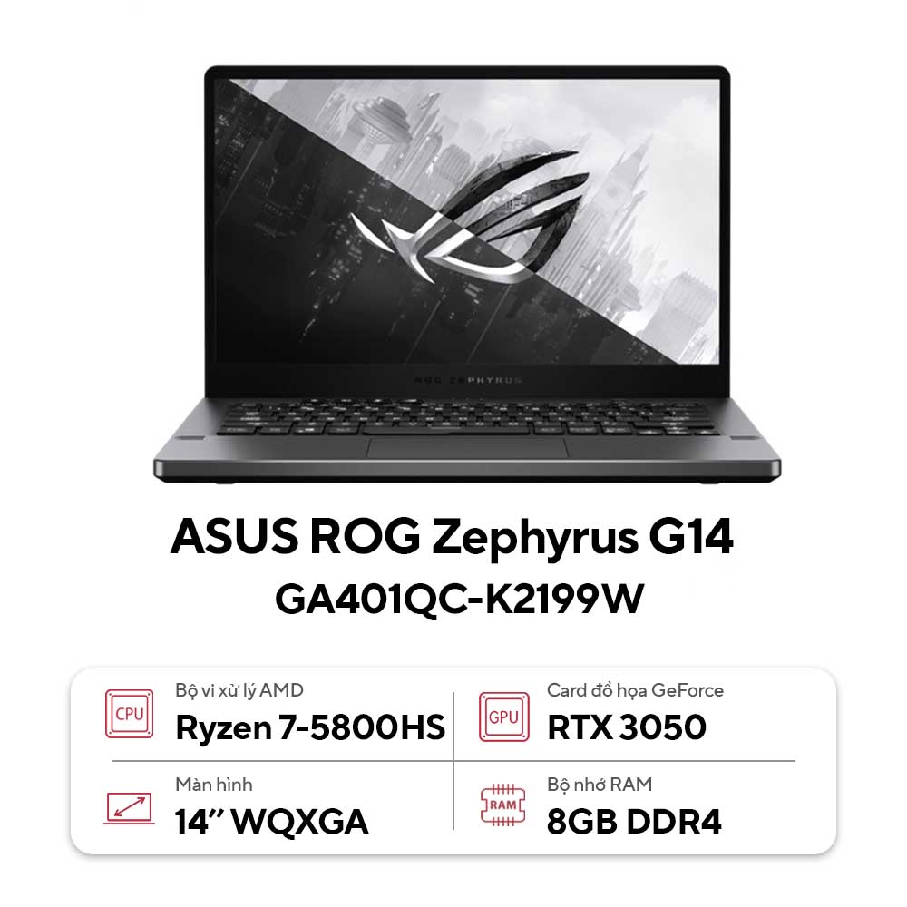 Laptop Asus ROG Zephyrus G14 GA401QC-K2199W ( Ryzen™ 7-5800HS | 8GB | 512GB | GeForce RTX™ 3050 | 14 inch WQXGA | Windows 11 Home | Eclipse Gray)