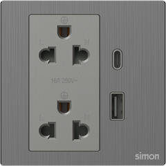  Module Ổ cắm đôi 3 chấu chuẩn Âu Mỹ 16A kèm sạc USB và type C màu xám 