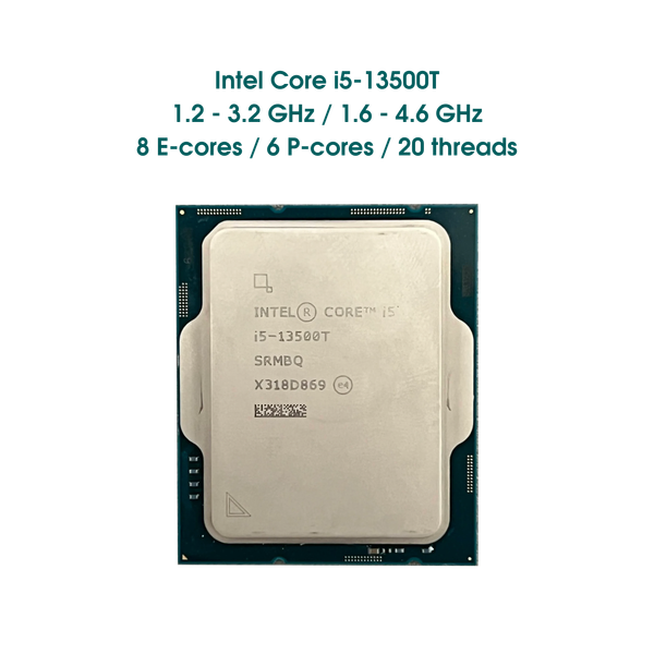 CPU Intel Core i5-13500T / 8 E-cores (1.6 - 3.2 GHz) / 6 P-cores (1.6 - 4.6 GHz) / 20 threads