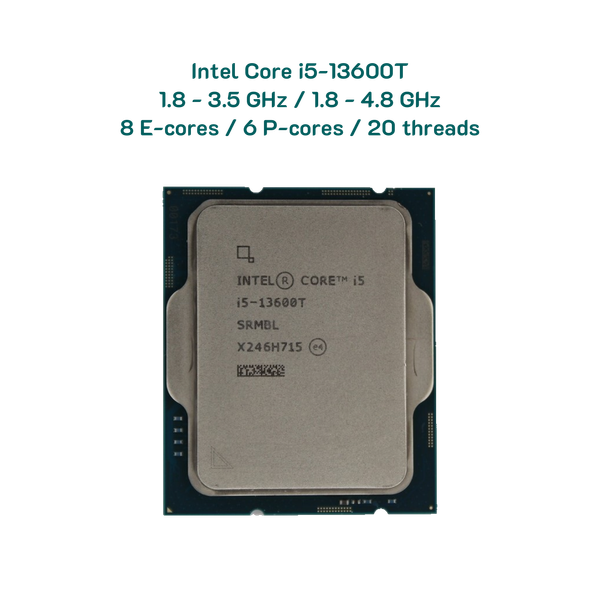 CPU Intel Core i5-13600T / 8 E-cores (1.8 - 3.5 GHz) / 6 P-cores (1.8 - 4.8 GHz) / 20 threads