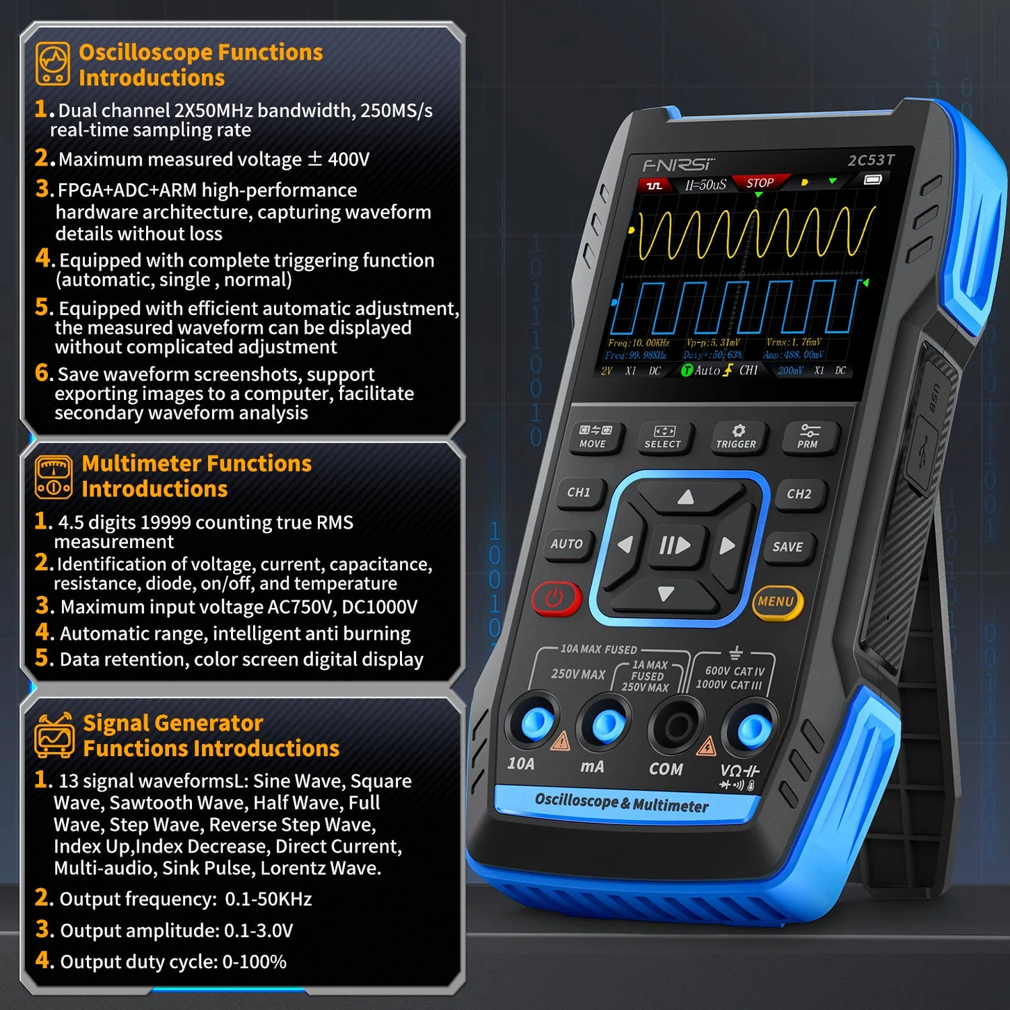 Ảnh minh họa Máy đo hiện sóng FNIRSI® 2C53T Handheld Oscilloscope + Digital Multimeter + DDS Generator 1