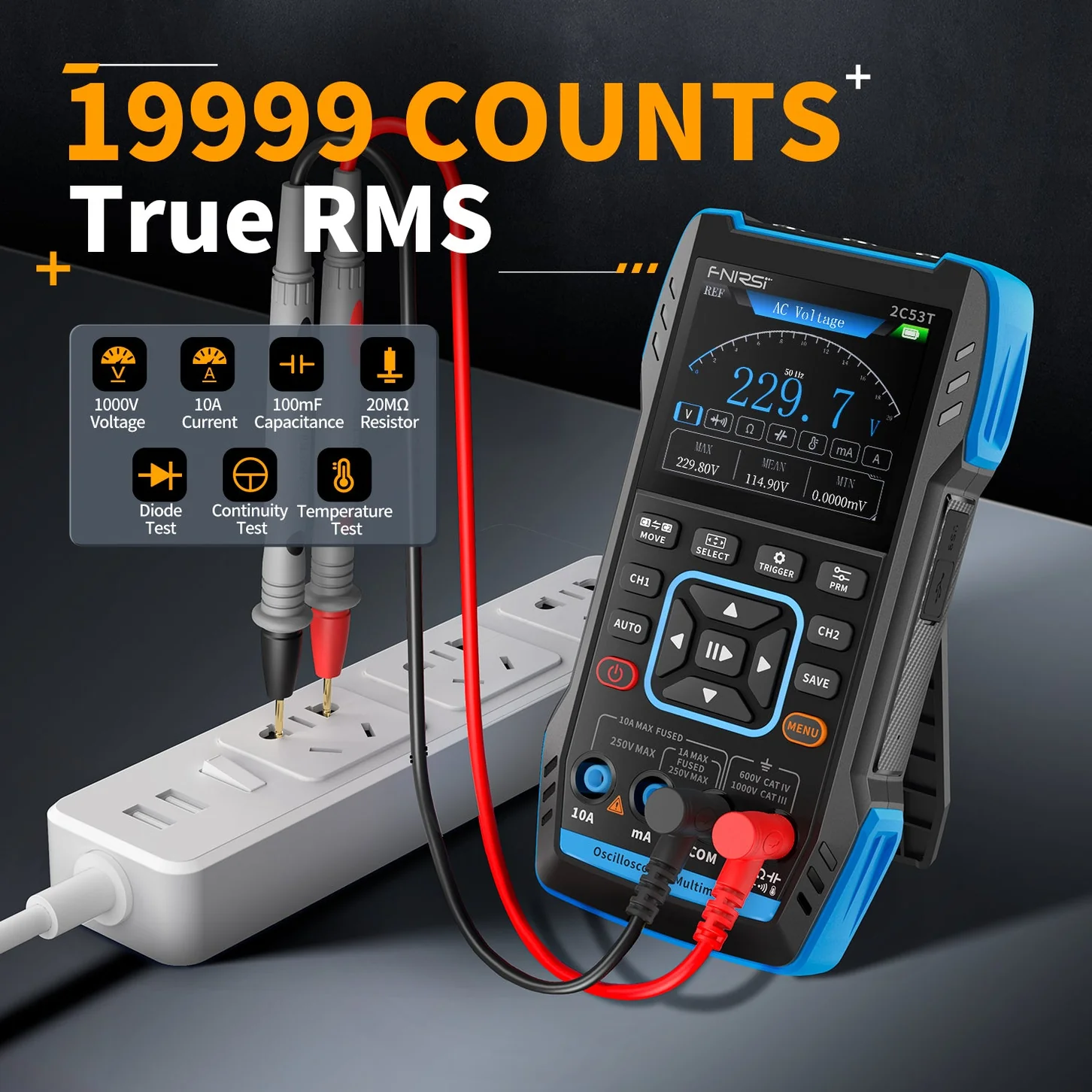 Ảnh minh họa Máy đo hiện sóng FNIRSI® 2C53T Handheld Oscilloscope + Digital Multimeter + DDS Generator 3