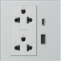  Module Ổ cắm đôi 3 chấu chuẩn Âu Mỹ 16A kèm sạc USB và type C màu bạc 