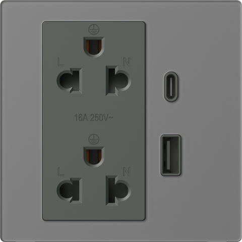 Module Ổ cắm đôi 3 chấu chuẩn Âu Mỹ 16A kèm sạc USB và type C màu xám