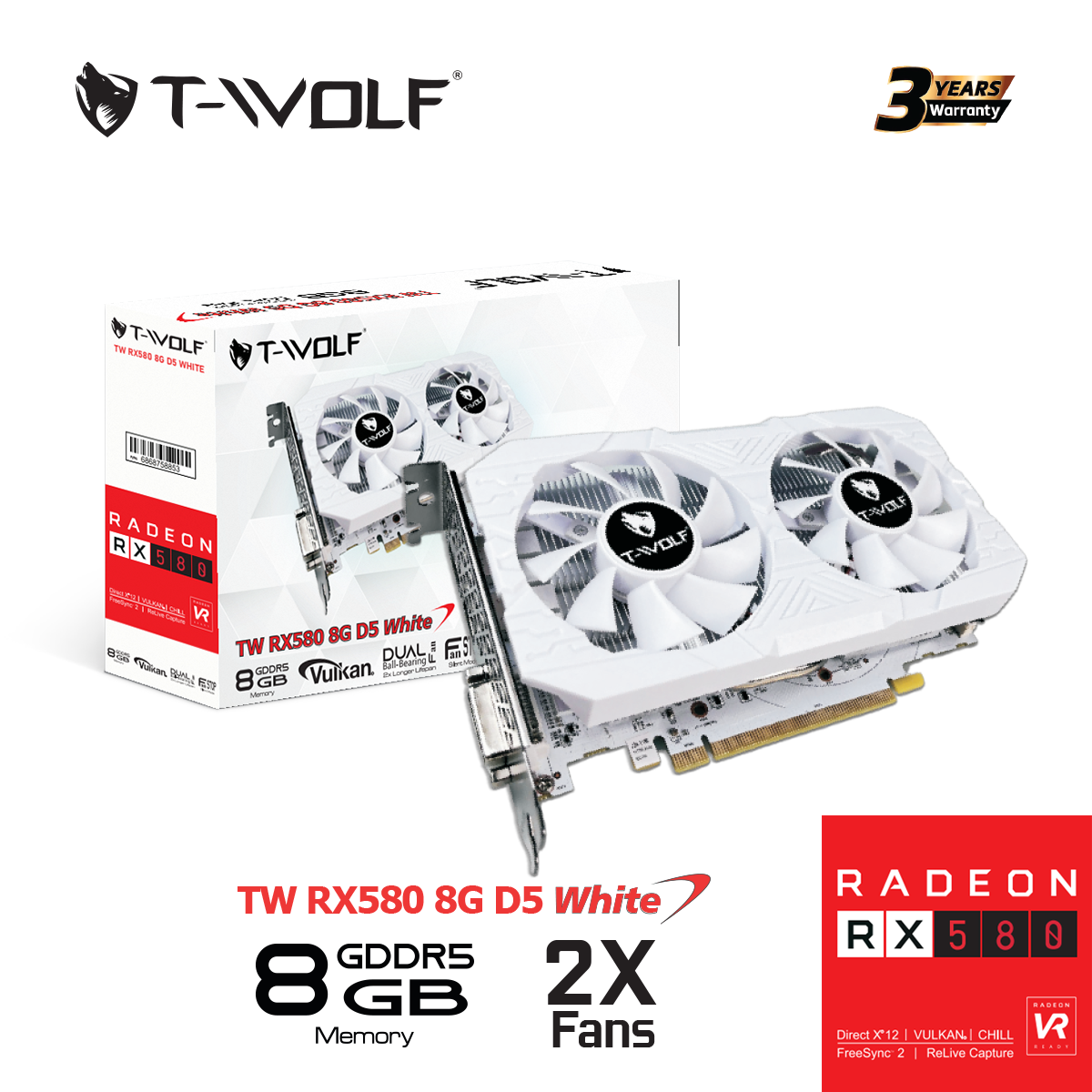 Ảnh minh họa Card màn hình AMD Radeon RX 580 T-WOLF White Dual | 8GB GDDR5, 2304 SP, 500W 1