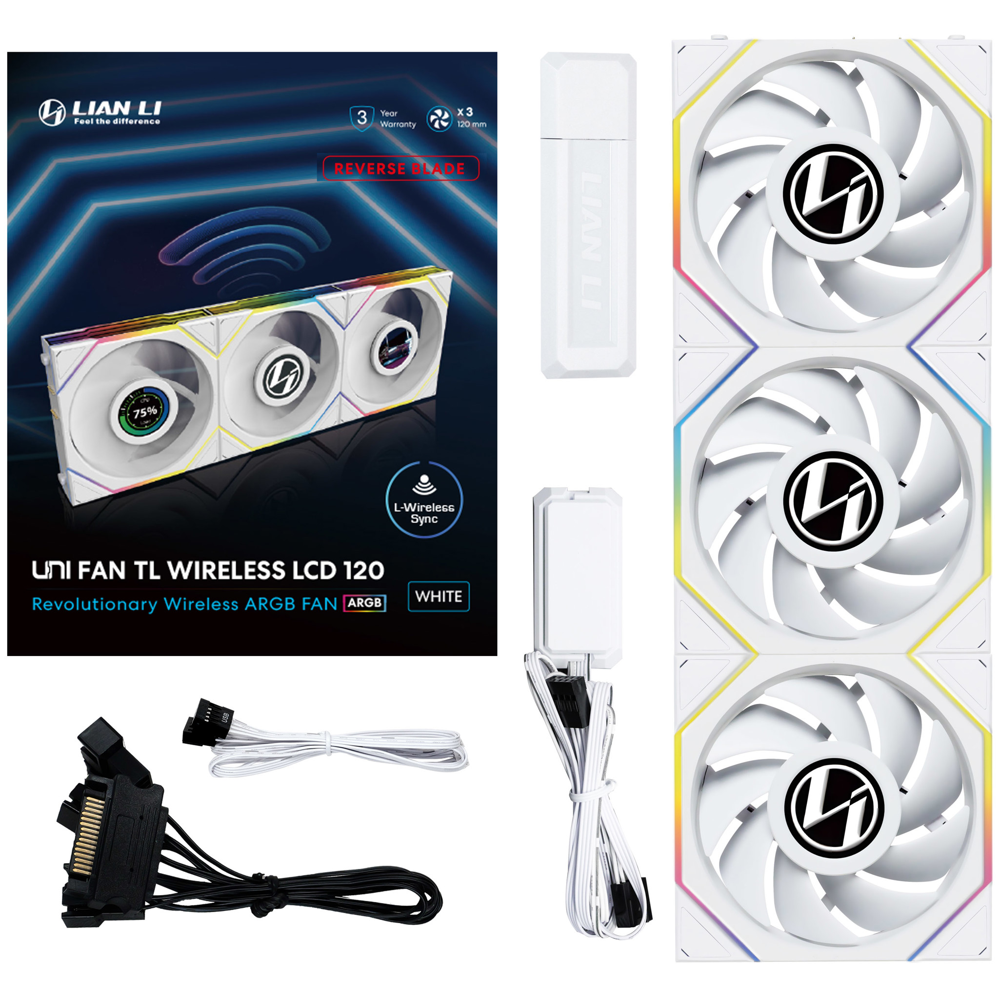 Quạt Tản Nhiệt Lian-Li FAN TL 120 LCD Wireless Triple Pack Reverse Blade White