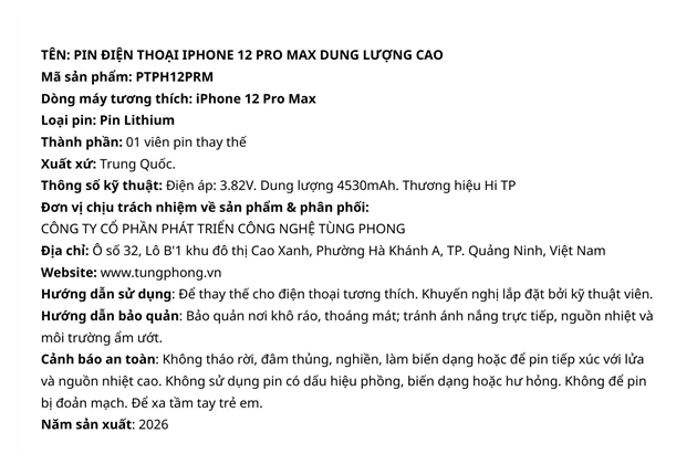 Ảnh minh họa Thay Pin chính hãng TP dành cho iPhone 12 Pro Max (Dung lượng cao 4530mAh) 1