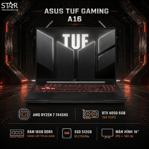 Ảnh minh họa Laptop ASUS TUF Gaming A16 FA607NUG-RL129W | R7-7445HS, 16GB DDR5, SSD 512GB NVMe, RTX 4050 6GB, 16" WUXGA, Win 11, Xám 1