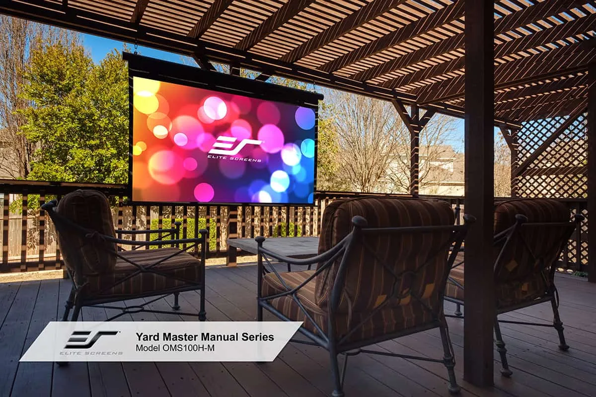 Ảnh minh họa Màn chiếu Elite Screens Yard Master Manual 100 inch OMS100HM – Màn kéo tay ngoài trời 1
