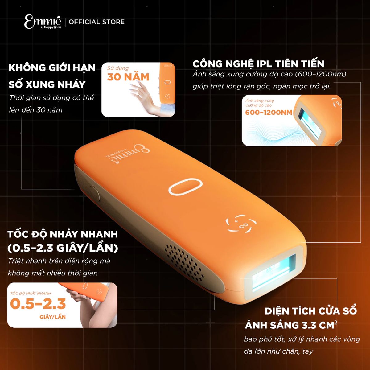 Ảnh minh họa Máy triệt lông lạnh IPL Therapy Device For Hair Removal EM521 Sapphire ICE Unlimited Orange 3