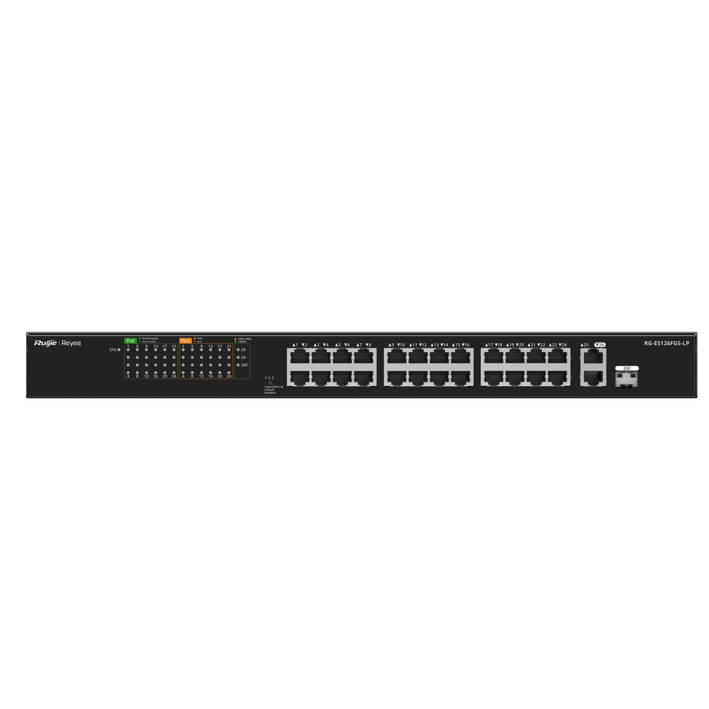 Bộ chuyển mạch switch PoE 24 cổng Ruijie RG-ES126FGS-LP, tốc độ 8.8Gbps, PoE 180W, 2 cổng uplink 1000 Mbps + 1 cổng combo