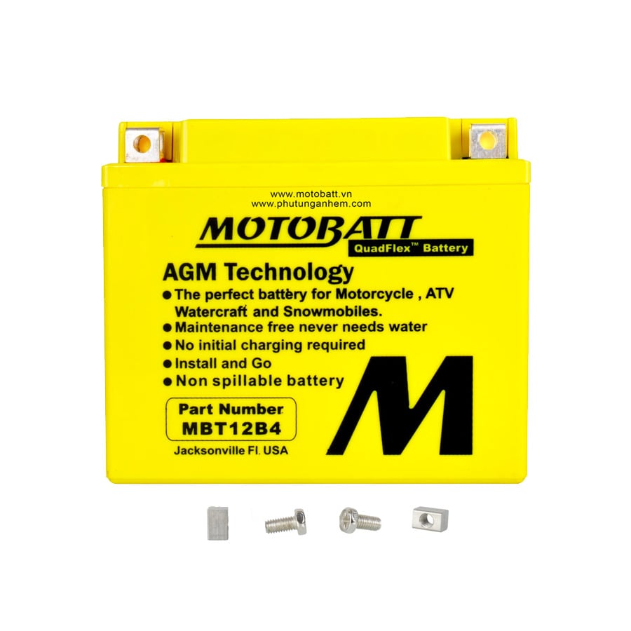Ắc quy xe moto phân khối lớn MOTOBATT MBT12B4 12V - 11AH, thương hiệu của Mỹ, dùng cho xe DUCATI, KAWASAKI, YAMAHA, TRIUMPH