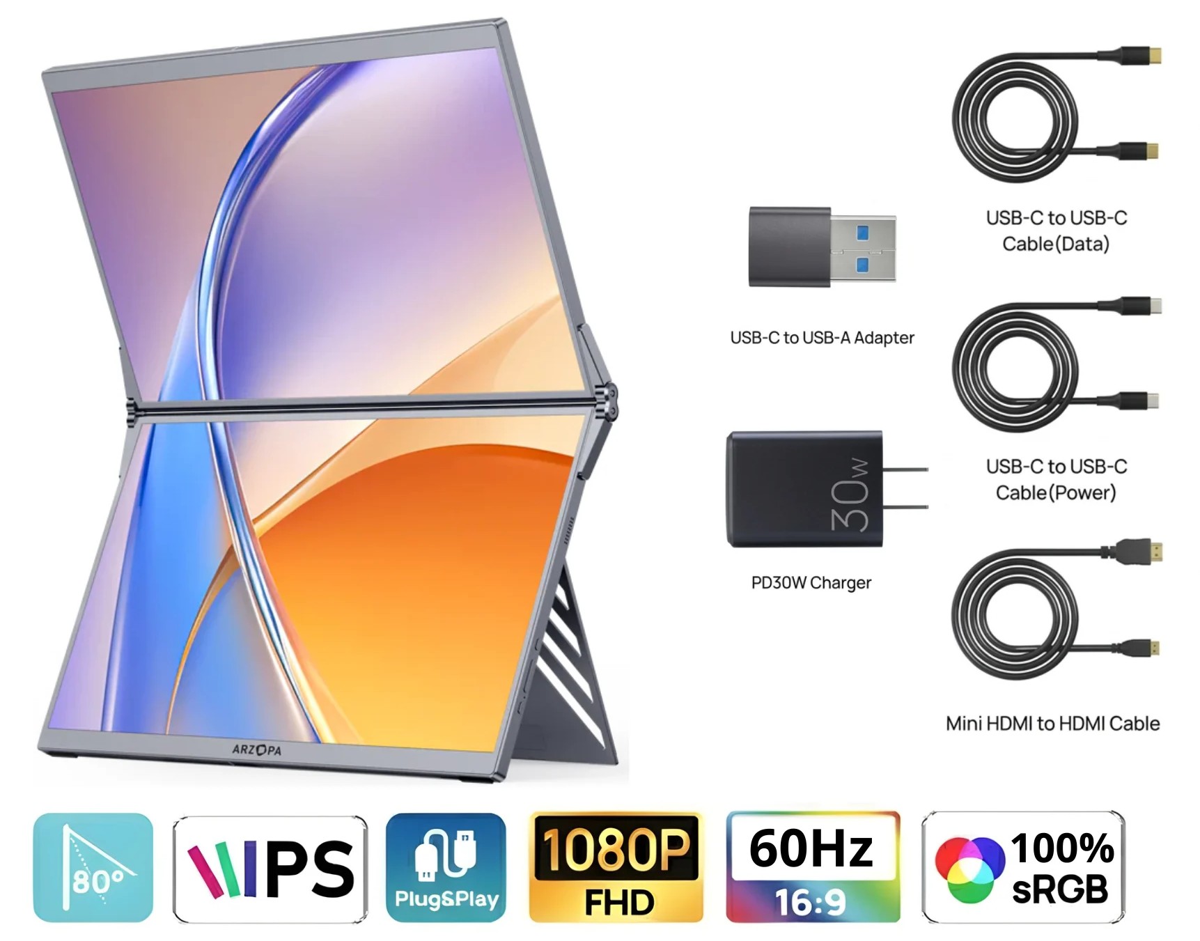 Màn hình di động kép gập gọn ARZOPA E1 – 15.6" x 2 FHD IPS, 100% sRGB, Cắm là chạy, Chân đế tích hợp - Hàng chính hãng