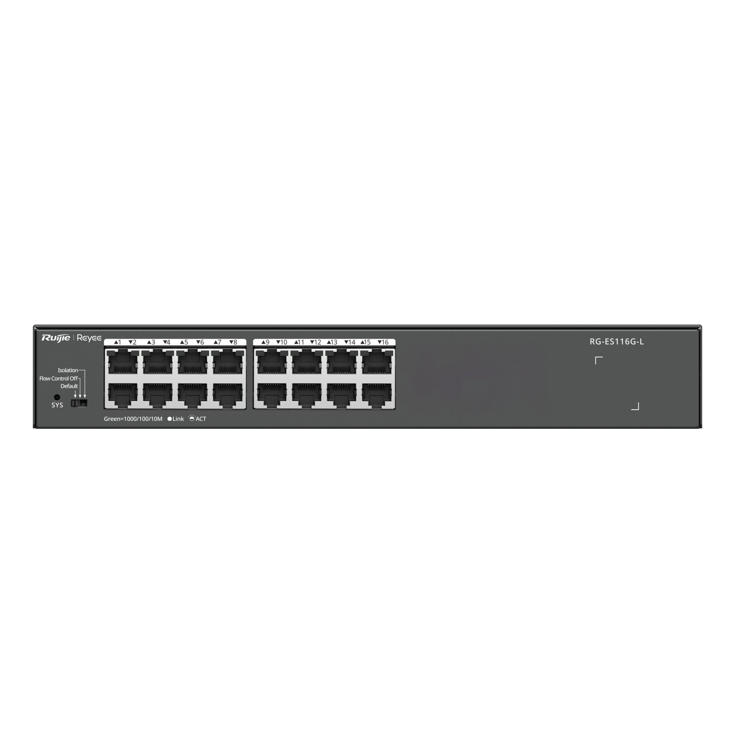 Unmanaged RUIJIE RG-ES116G-L, 16 cổng 10/100/1000 BASE-T, 32Gbps, half-duplex, full-duplex, MAC 8K