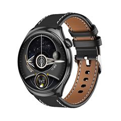  Huadai HD4 Black Leather – Smartwatch Màn AMOLED 1.43″, Dây Da 