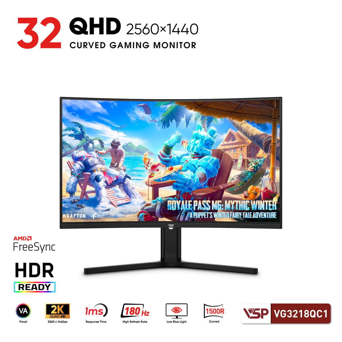 Ảnh minh họa Màn hình Gaming 2K VSP VG3218QC1 | 31.5 inch, QHD, VA, 180Hz, 1ms MPRT, R1500, FreeSync, Cong R1500, Đen 1
