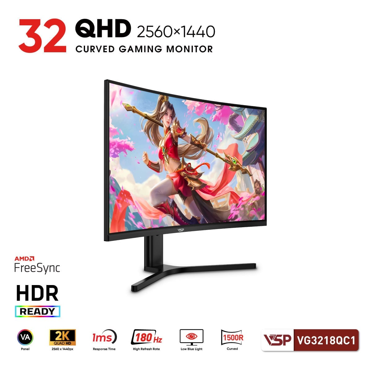 Ảnh minh họa Màn hình Gaming 2K VSP VG3218QC1 | 31.5 inch, QHD, VA, 180Hz, 1ms MPRT, R1500, FreeSync, Cong R1500, Đen 2