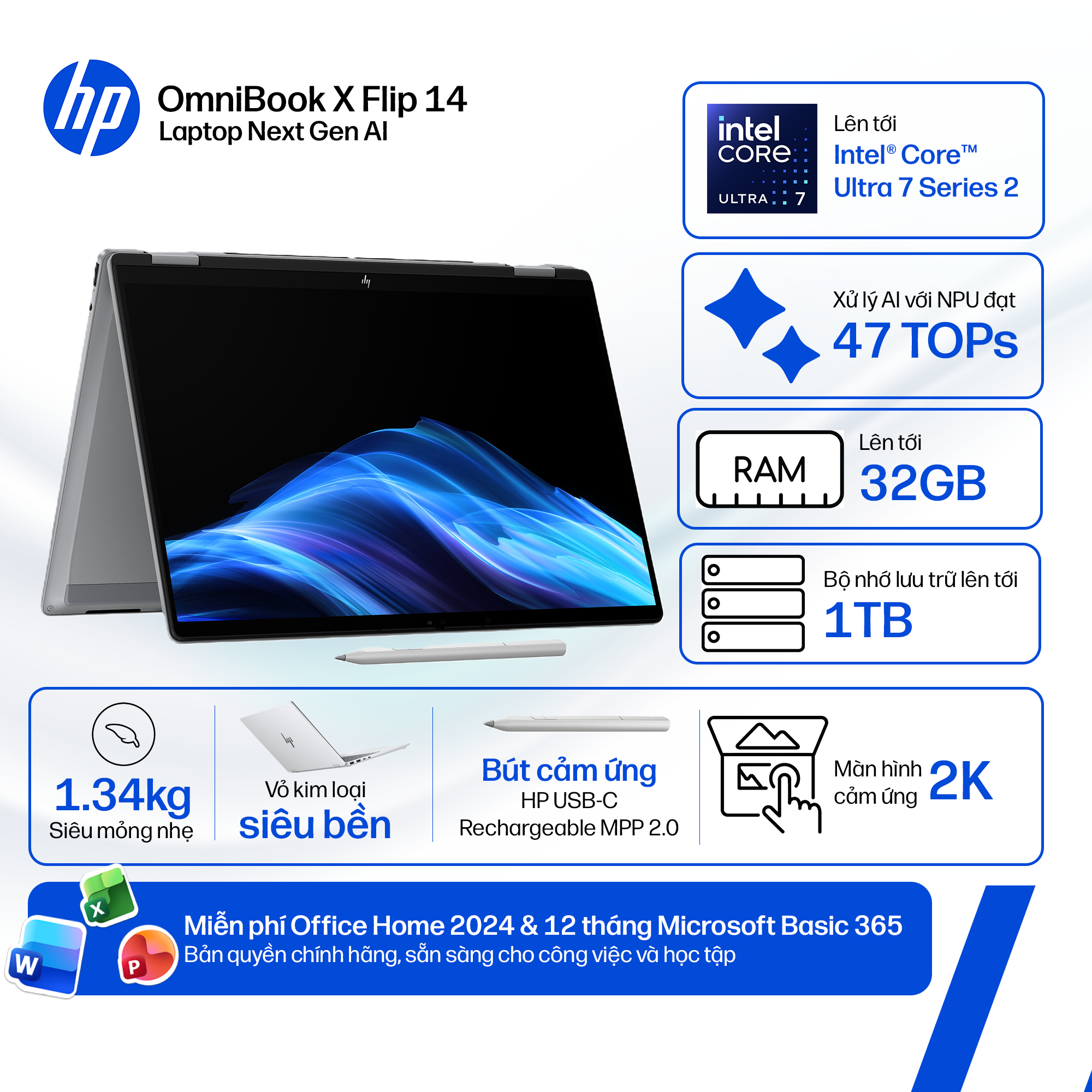 Laptop HP OmniBook X Flip 14-kb0048TU D72BYPA (Intel Core Ultra 7 355 | Intel Graphics | 14 inch 2K OLED | Cảm ứng | 32GB | 512GB | Win 11 | Office | Xanh)