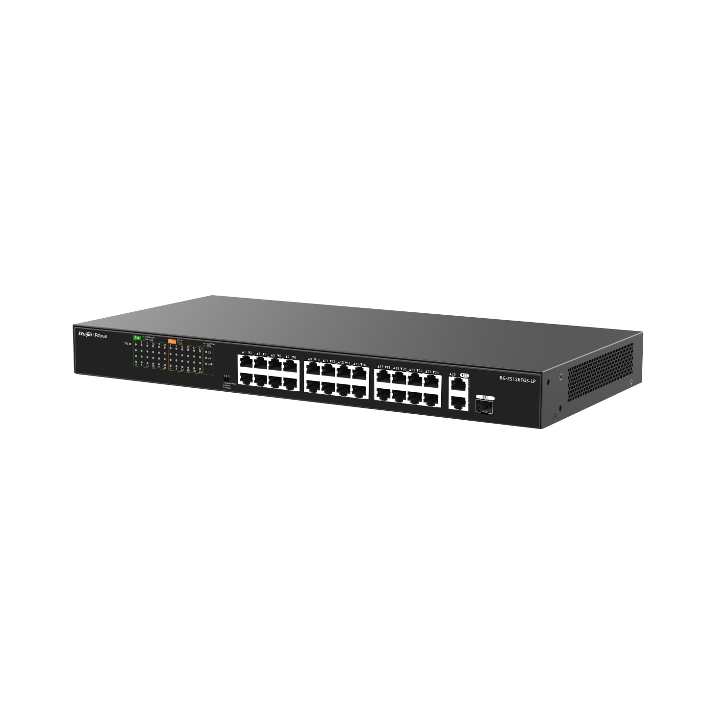 Ảnh minh họa Bộ chuyển mạch switch PoE 24 cổng Ruijie RG-ES126FGS-LP, tốc độ 8.8Gbps, PoE 180W, 2 cổng uplink 1000 Mbps + 1 cổng combo 1