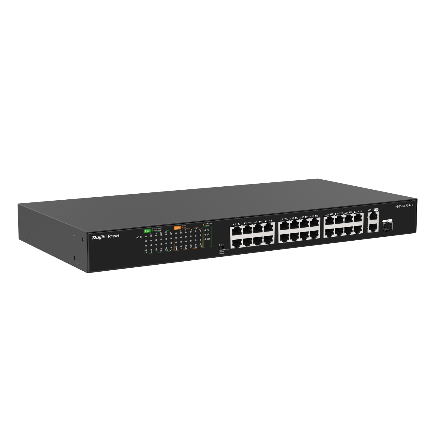 Ảnh minh họa Bộ chuyển mạch switch PoE 24 cổng Ruijie RG-ES126FGS-LP, tốc độ 8.8Gbps, PoE 180W, 2 cổng uplink 1000 Mbps + 1 cổng combo 2